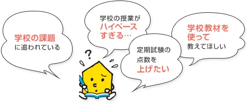 学校の課題に追われている 学校の授業がハイペースすぎる… 定期試験の点数を上げたい 学校教材を使って教えてほしい